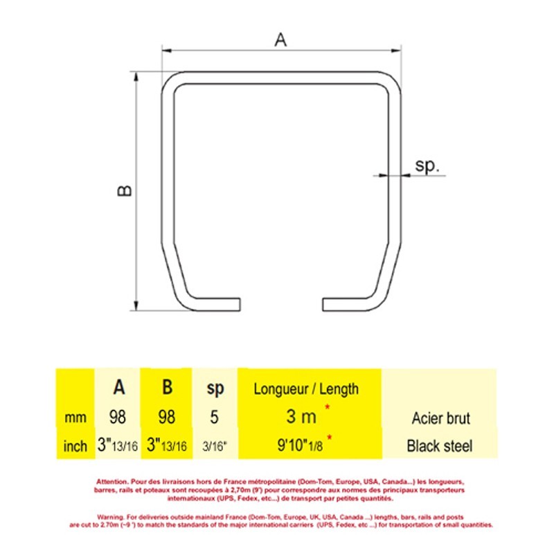 Rail pour portail autoportant cantilever 3m 98x98mm en acier