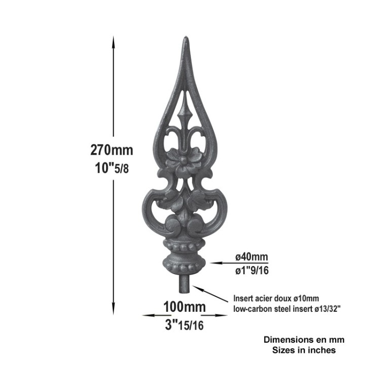 Pointe de lance ajourée fonte 270mm insert acier embase ø40mm