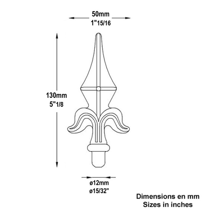 Pointes de lances fleur de lys aluminium 130mm ronds ø12ou16mm