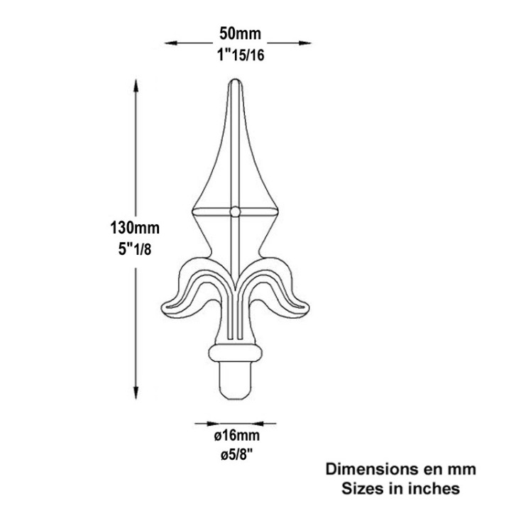Pointes de lances fleur de lys aluminium 130mm ronds ø12ou16mm