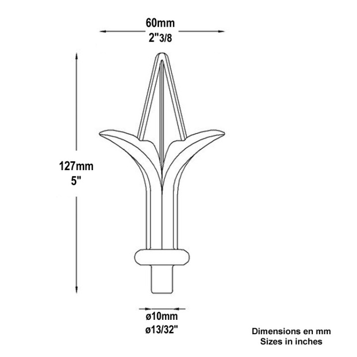 Pointes de lances fleurs de lys aluminium embout ø10mm à ø16mm