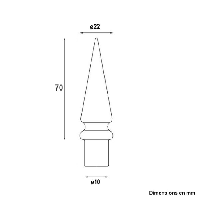 Pointe de lance effilée aluminium 70x22mm embout ø10à16mm