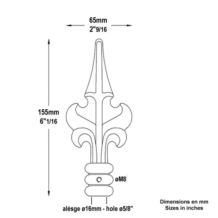 Pointe de lance nervurée en aluminium 70mm avec trou ø16mm