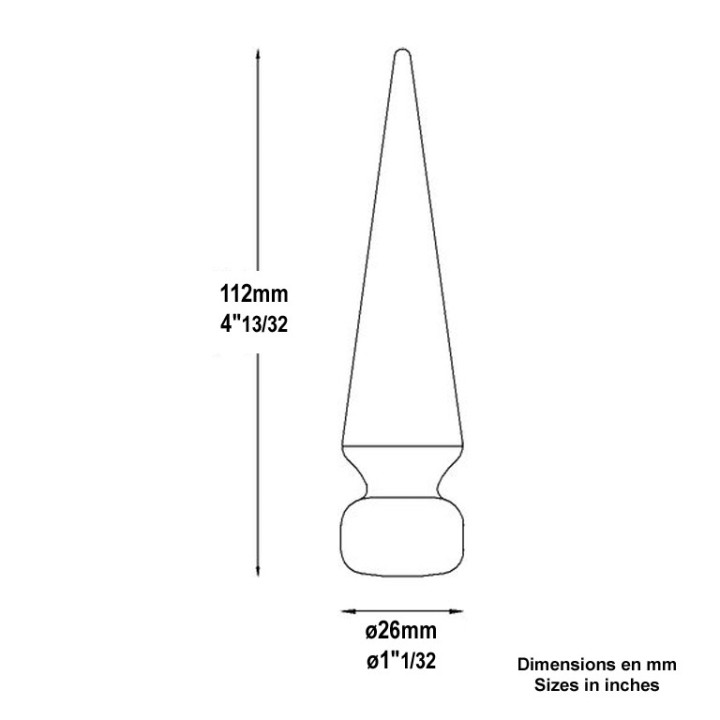 Pointe de lance effilée en aluminium 112mm collerette ø26mm