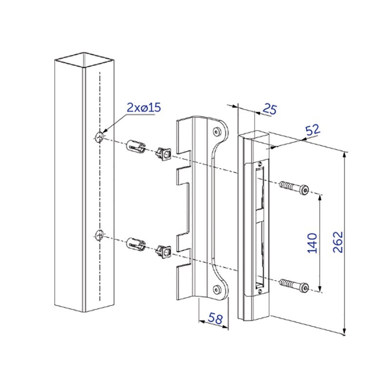 Gâche en applique Locinox réversible pour tube de 40x40 à 60x60mm