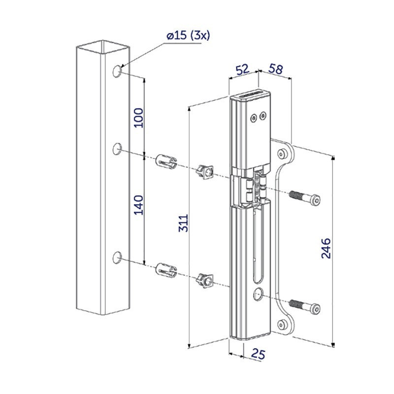 Gâche en applique Locinox réversible pour tube de 40x40 à 60x60mm