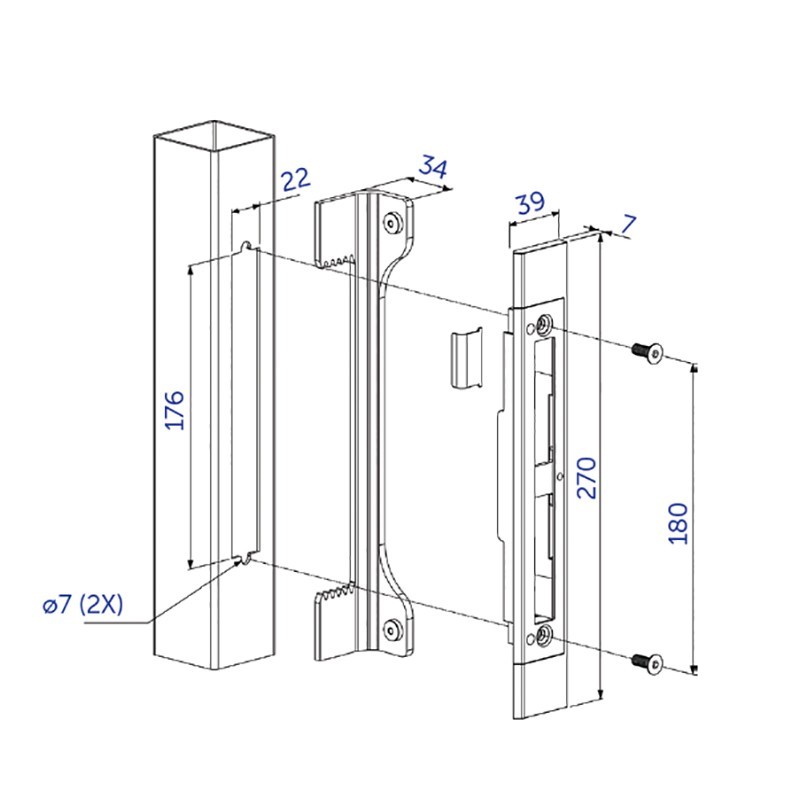 Gâche à encastrer Locinox réversibke pour tube de 40x40 ou 50x50