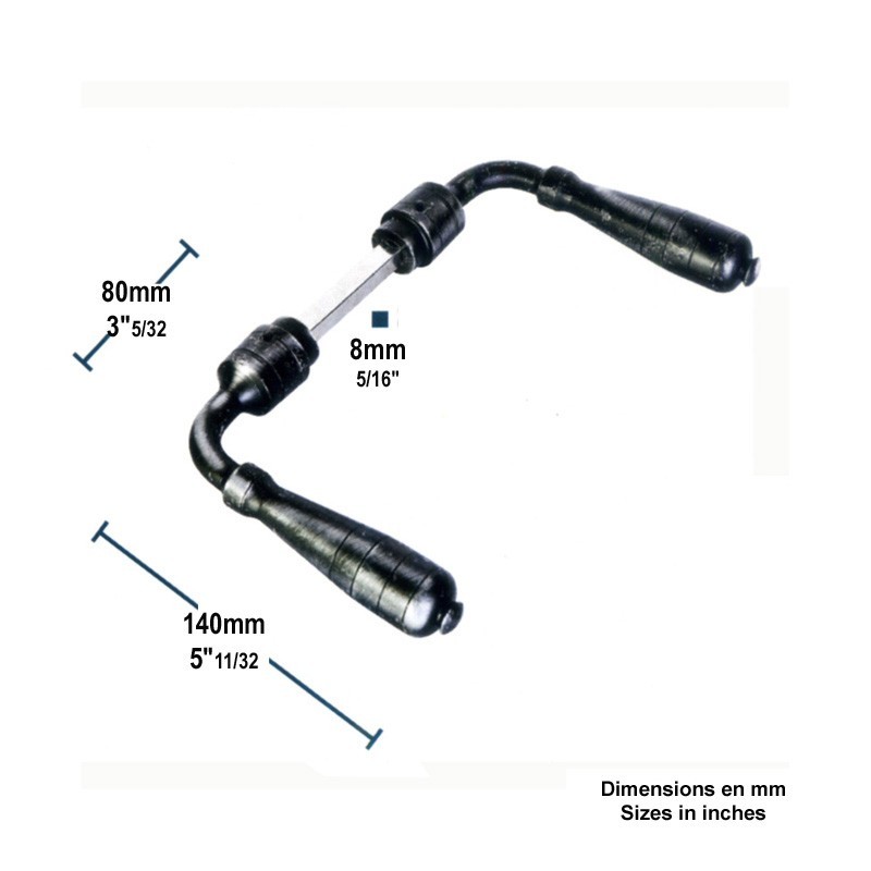 Béquilles acier forgé brut poli avec un carré de 8x8mm bras 140mm