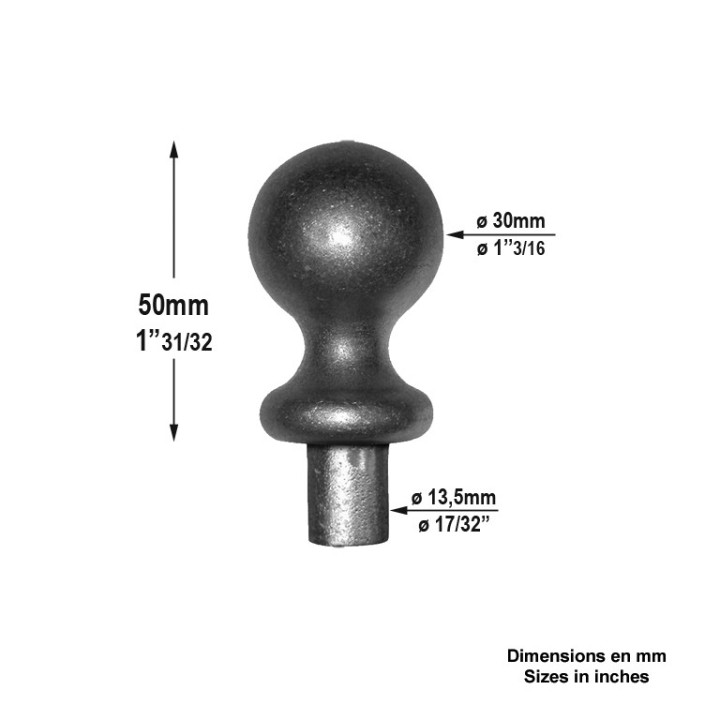 Décor boule en aluminium 50mm ø30mm embout ø13,5 à ø16mm