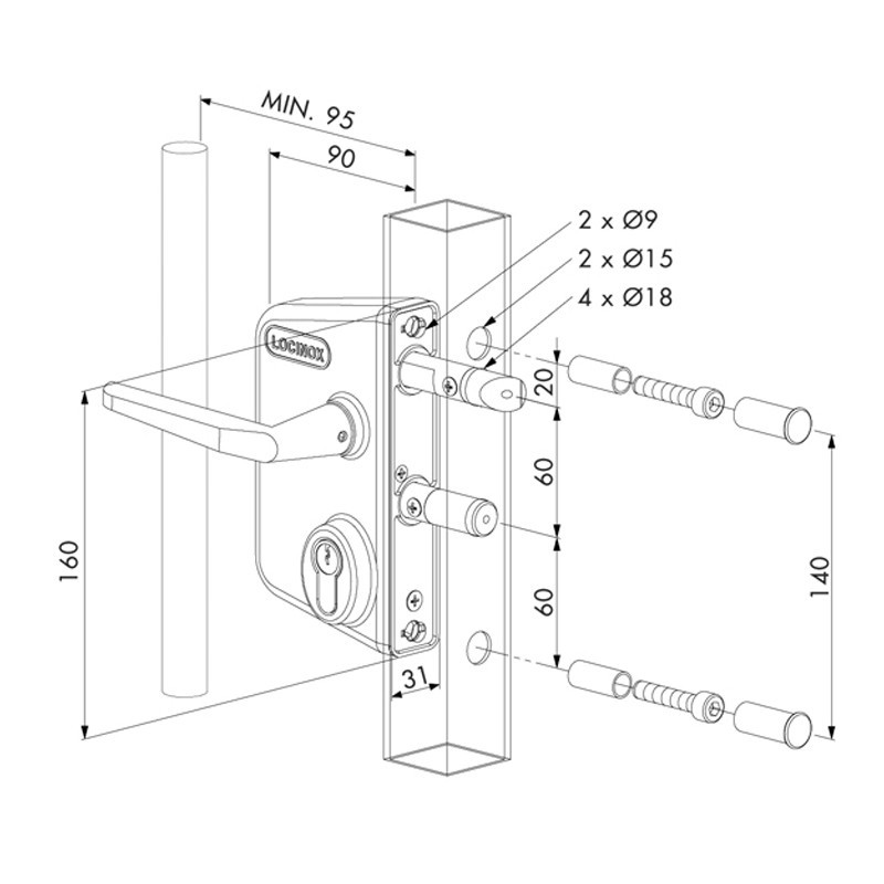 Serrures Locinox style industriel pour portail à battants 40 à 60mm