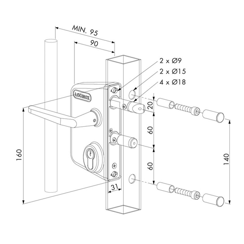 Serrures Locinox style industriel pour portail à battants 60 à 80mm