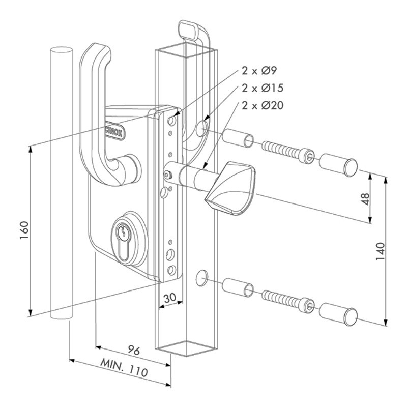 Serrures Locinox style industriel pour portail coulissants 40 à 80mm