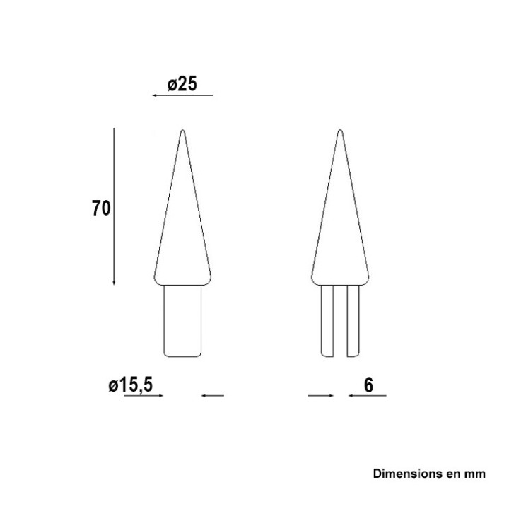 Pointe de lance effilée aluminium 70mm embout ø15,5mm à coller