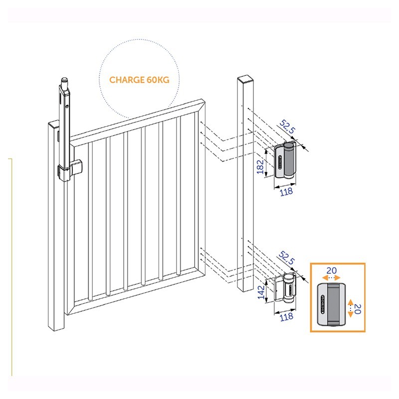 Charnières à ressort Locinox Serval pour portillons avec tubes carrés