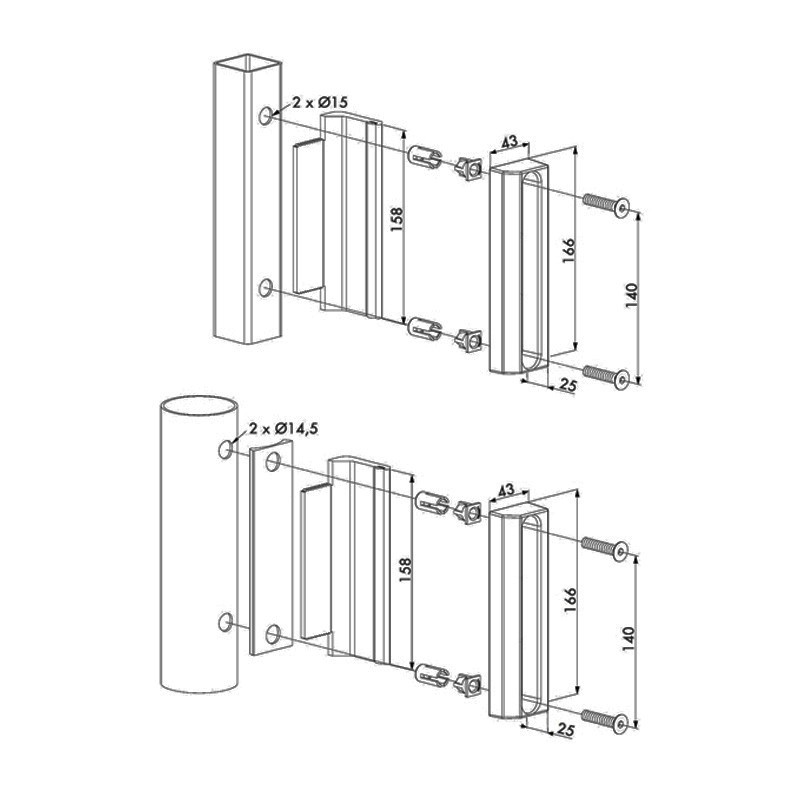 Gache locinox réglable de portails à battants tubes de 40x40 à 60x60