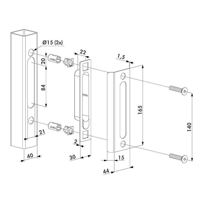 Gache locinox pour portails ouvrants à battants à encastrer 40x40mm