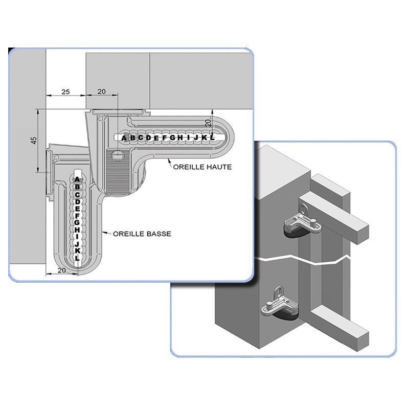 Gonds modulo compensateurs de pente en acier inox avec caches