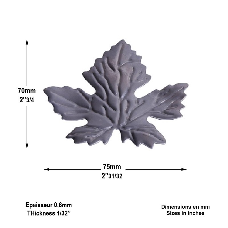 Feuilles de vigne décoratives acier emboutie hauteur 55 et 70mm