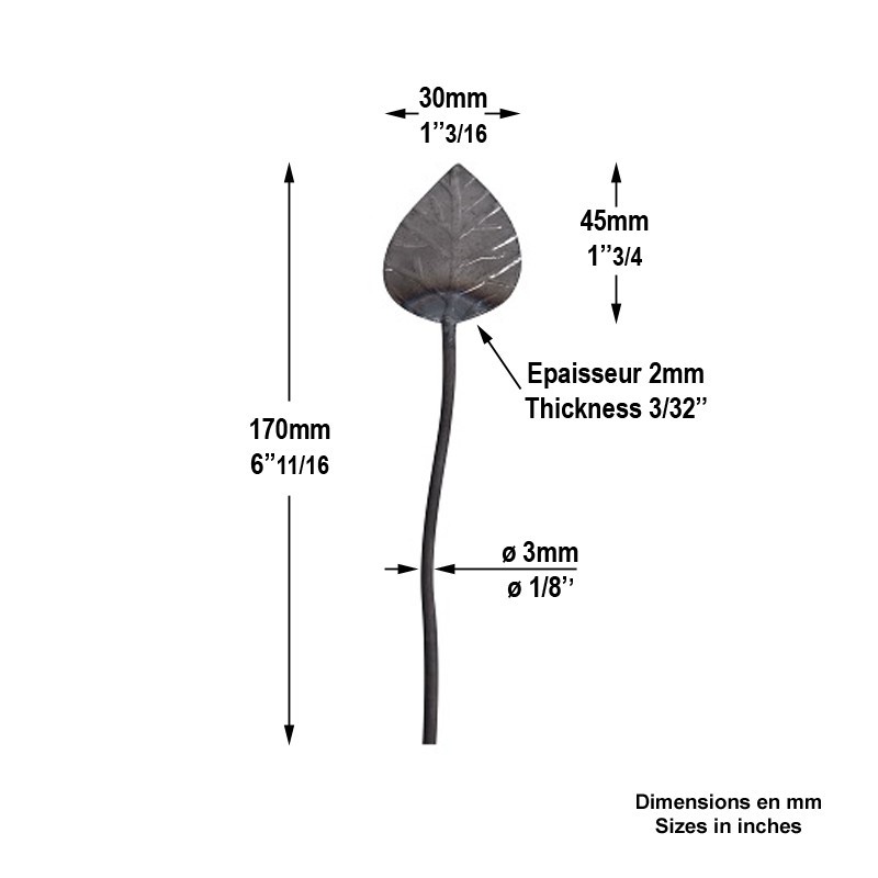 Feuille isolée montée sur tuge en acier forgé épaisseur 2mm déco