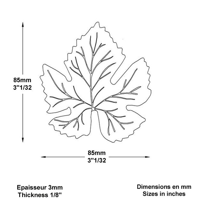 Feuilles de vignes décoratives en acier forgé hauteur 85 à 140mm