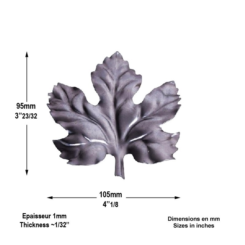 Feuille de vigne acier emboutie hauteur 95mm pour la décoration