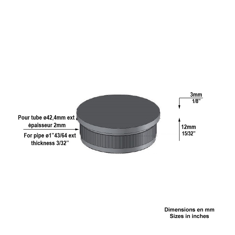 bouchons plats en acier pour tubes acier Ø42,4mm épr 2mm, 2,5mm