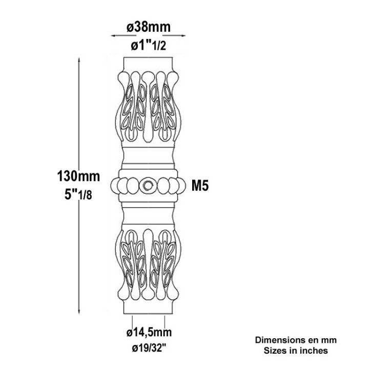 Garnitures hautes fonte nervurée vis M5 pour barreau ø14 ou 16mm