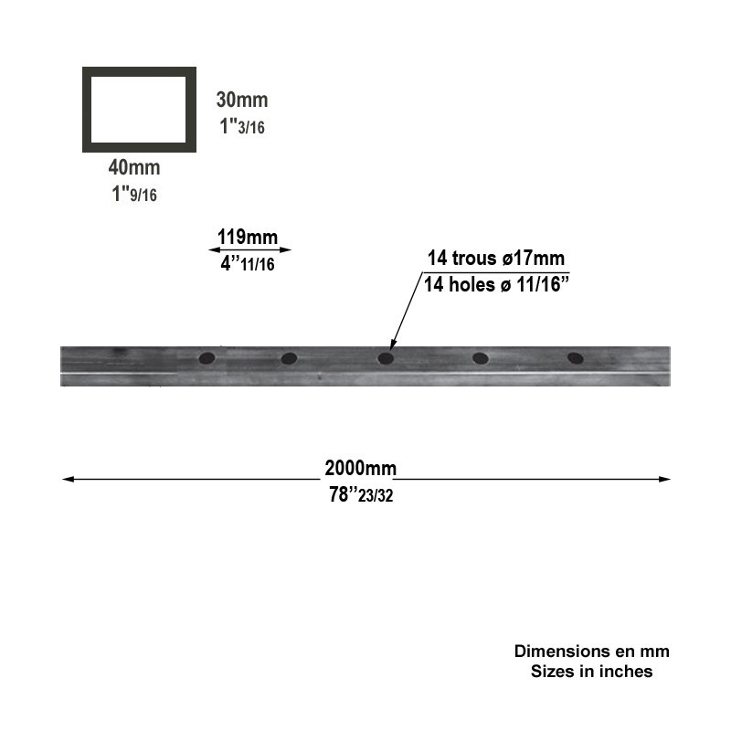 lisse basse de portail ou clôture 40x30mm percée de 14 trous Ø17mm
