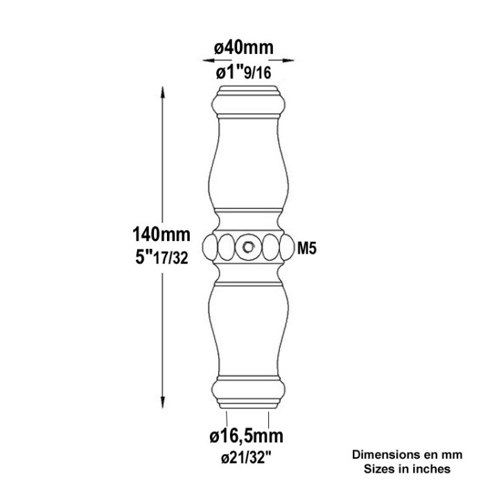 Garnitures haute lisse en fonte avec vis M5 hauteur 135mm ø16mm