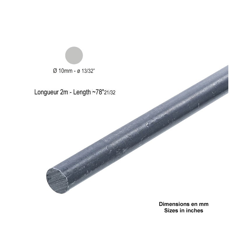 Barres profilés acier lisses rondes Ø10mm à Ø25mm long. 2m ou 3m