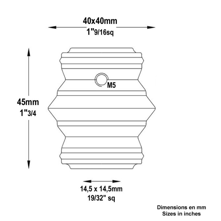 Garnitures carrées en fonte vis M5 pour carrés 14x14 à 20x20mm