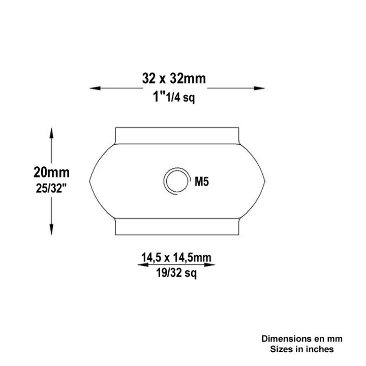 Manchons courts carrés en fonte haut. 20mm pour carrés 14x14mm
