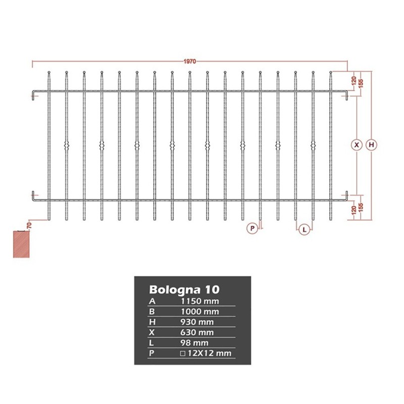 Clôture en fer forgé Bologna gamme Linéar haut. 930mm à 1430mm