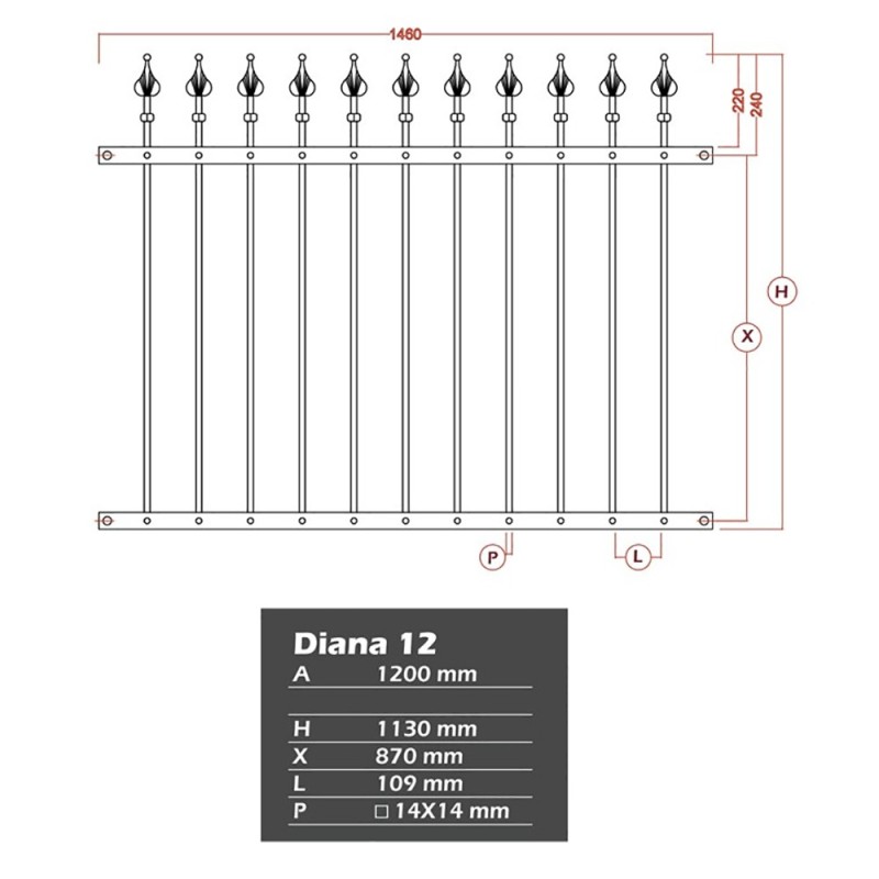 Clôture en fer forgé DIANA gamme Linéar hauteur 1130mm x 1480mm