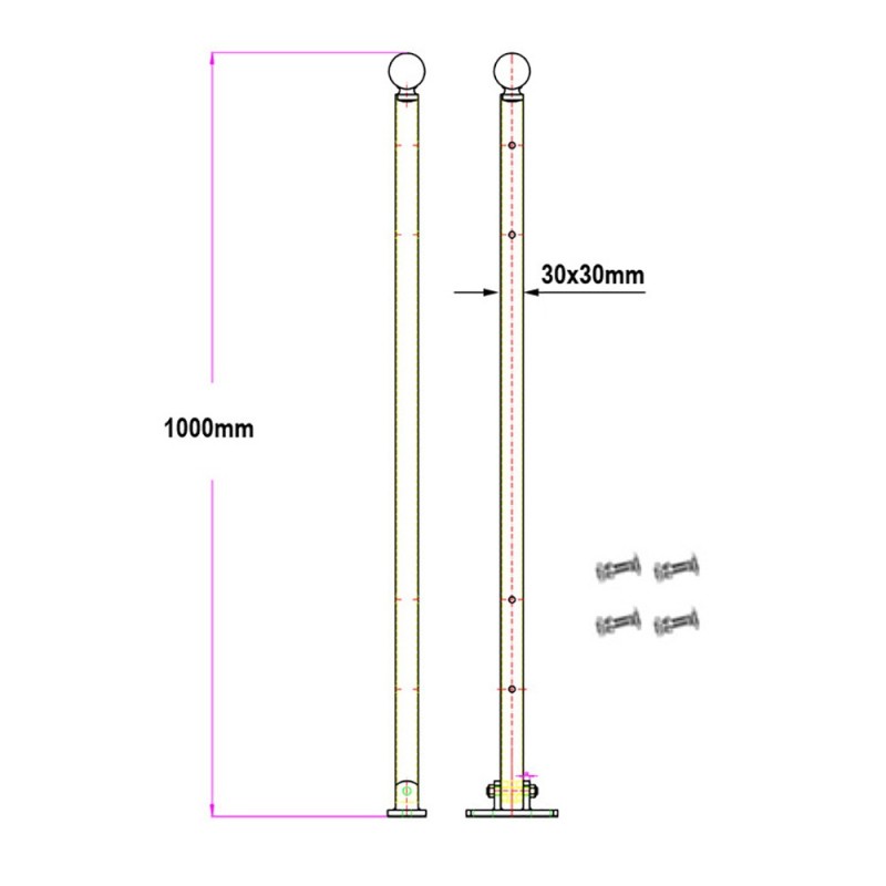 Poteaux GPF10 ou 12 à fixer sur muret hauteur 1000mm ou 1200mm