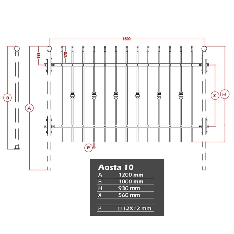 Clôture Gradius modèle AOSTA 10 hauteur 930mm x 1457mm