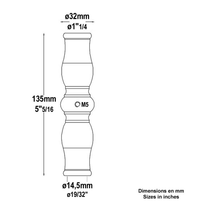 Manchons acier tournés vis M5 pour ø14 et 16mm hauteur 135mm