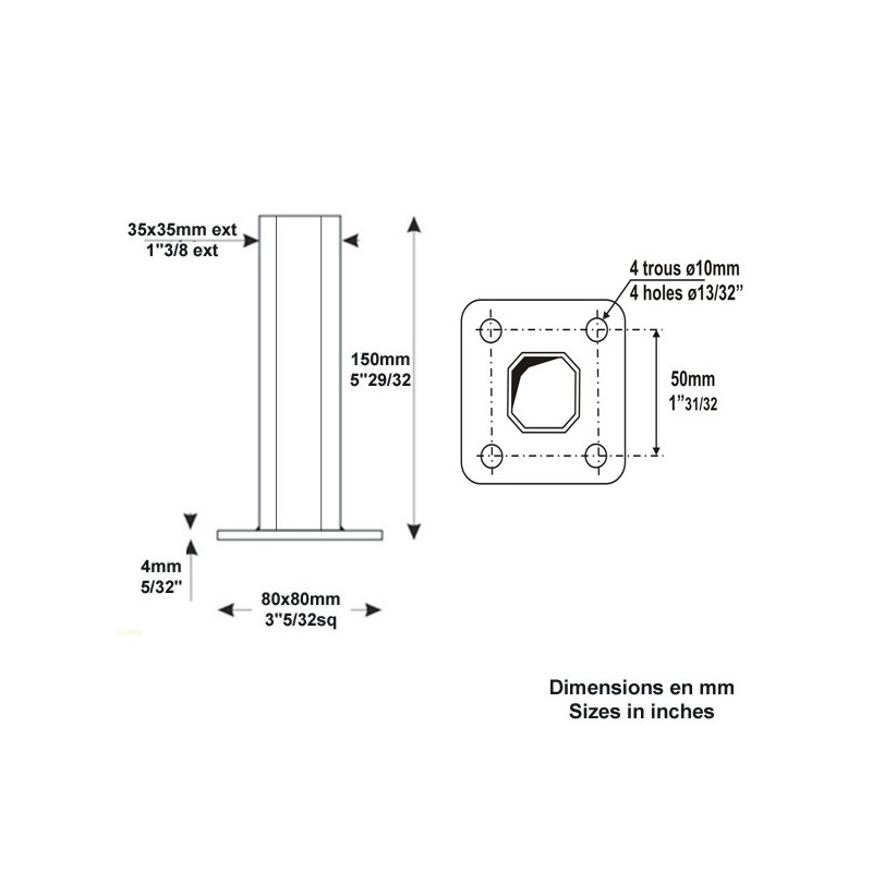 Pied platine en aluminium pour fixation au sol des pieds pergolas