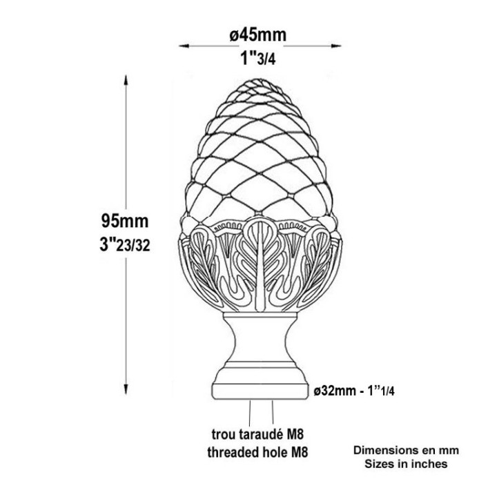 Pomme de pin pommeaux en laiton poli verni pour départs escaliers