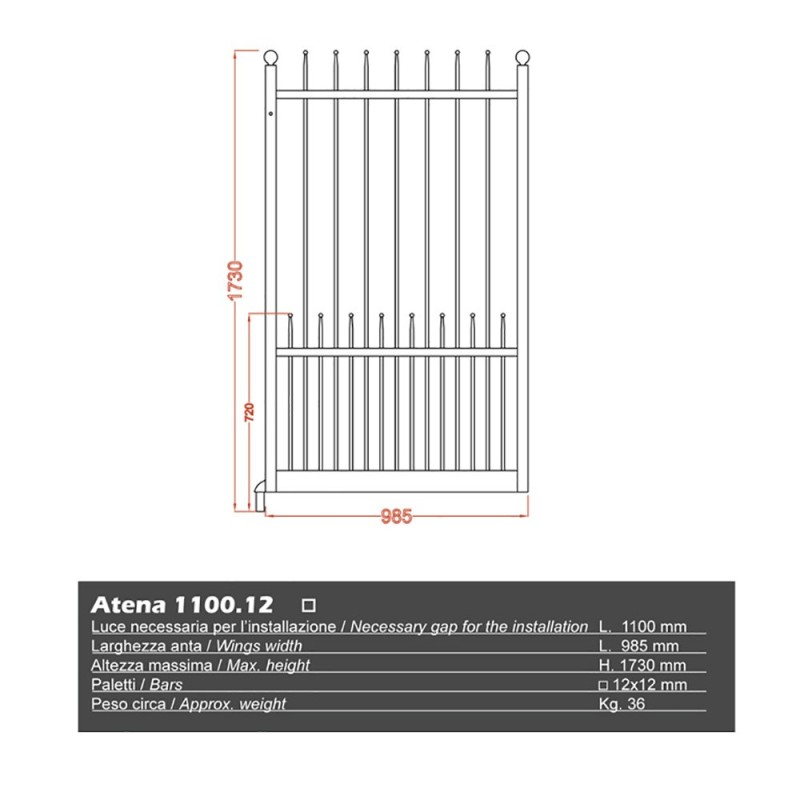 Portillons ATENA 1100mm 12x12 mm ouverture droite ou gauche