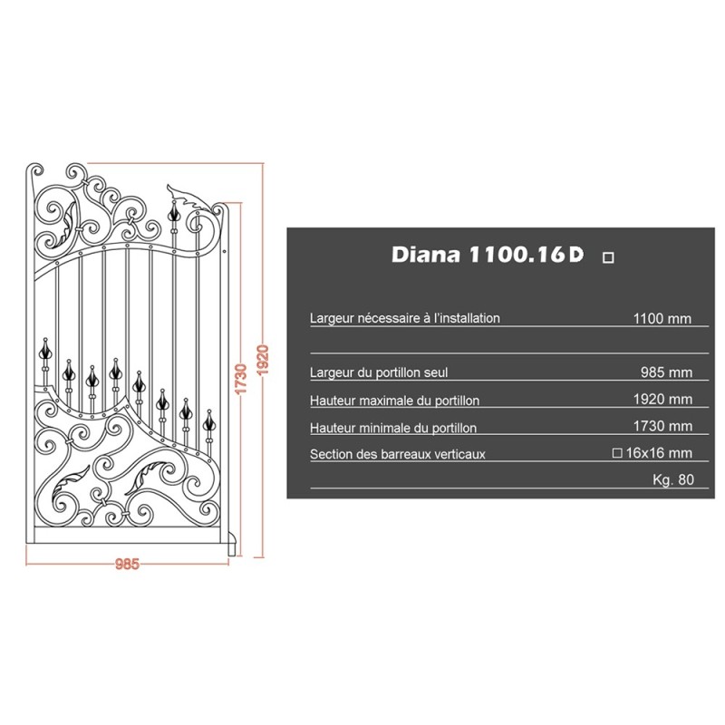 Portillons DIANA 1100mm 14x14mm ouverture droite ou gauche