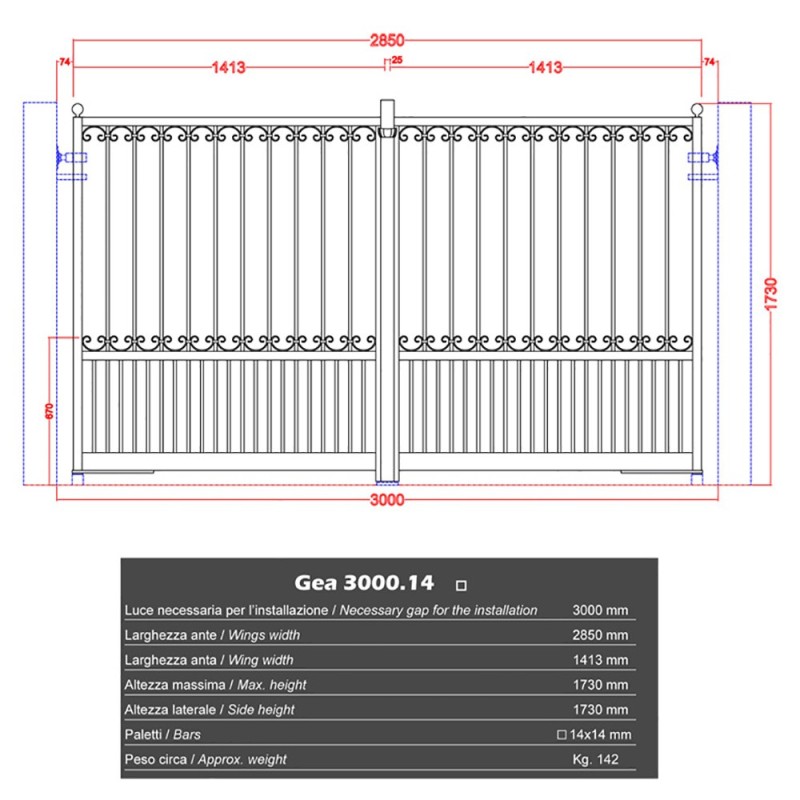 Portail GEA 3000mm avec ouverture manuelle ou mécanisable