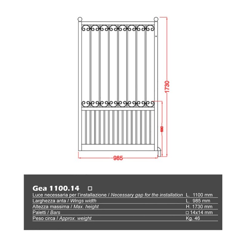 Portillons GEA 1100mm 14x14mm ouverture droite ou gauche