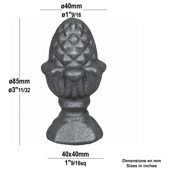 Pomme de pin, pommeau en acier forgé avec base carrée à souder
