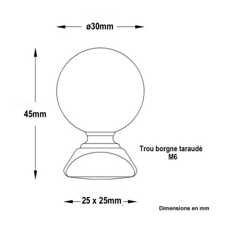 Pommeau rond à base carrée en fonte. Trou taraudé M6 ou M8