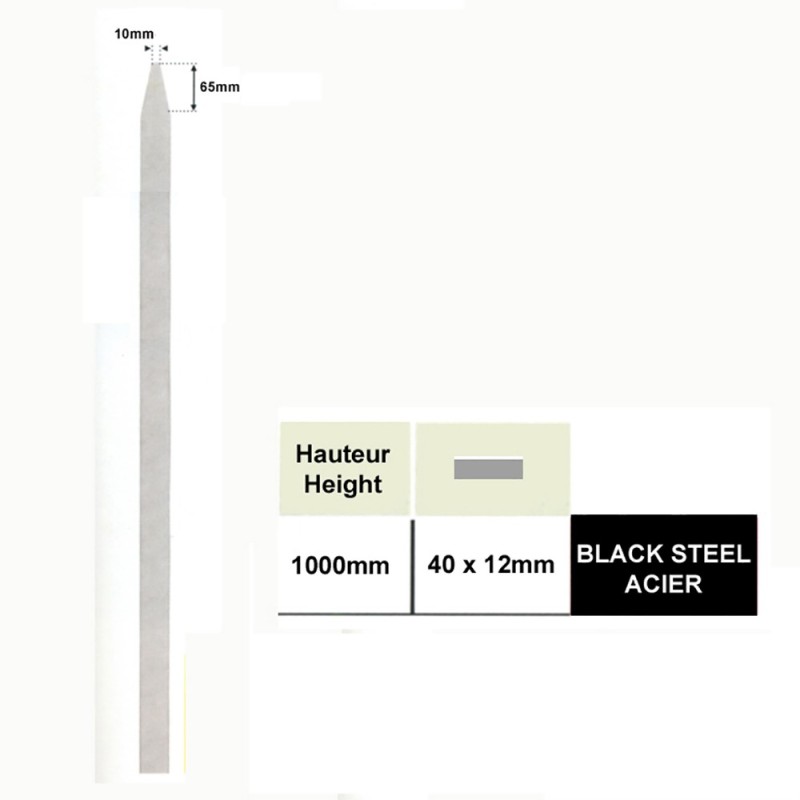 Poteau acier doux plat 40x12mm hauteur 1000mm extrémité biseautée 65x12mm