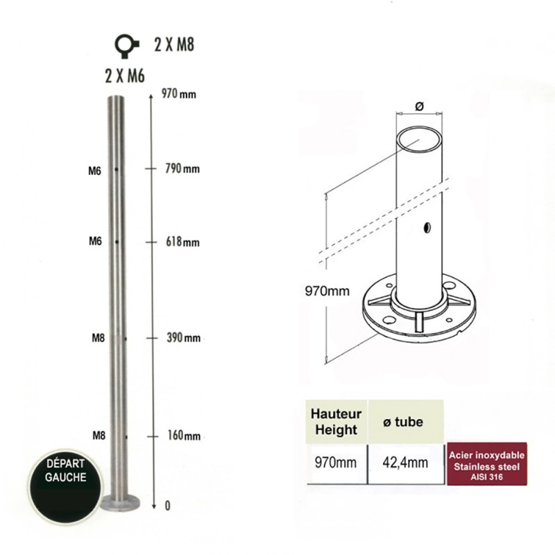 Poteaux ronds ou carrés inox avec platines pour verres et cables