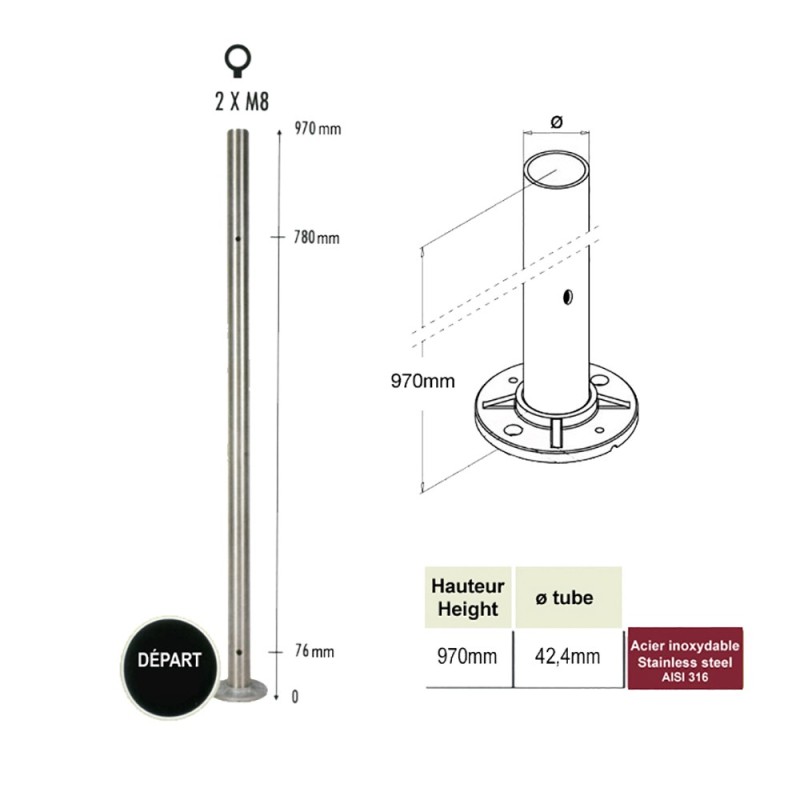 Poteaux ronds ou carrés inox avec platines pour montage des verres