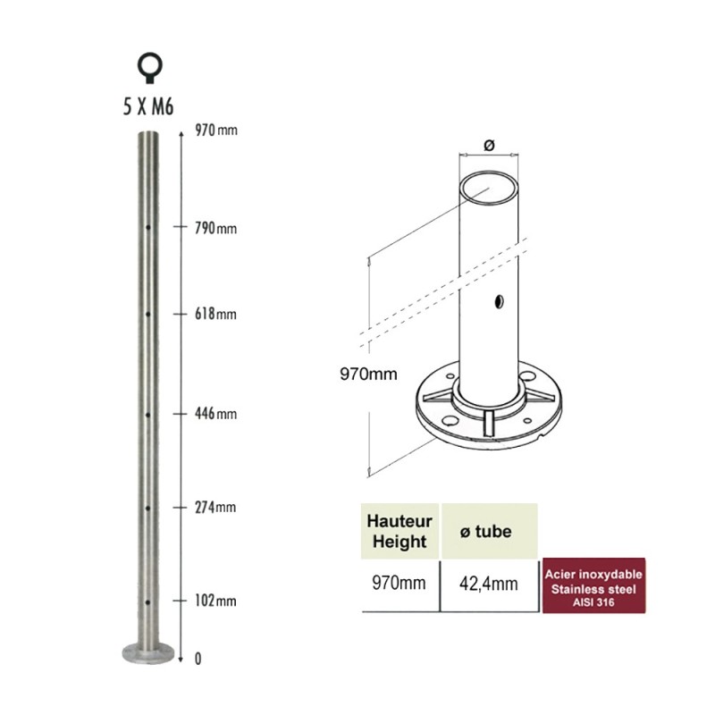 Poteaux ronds ou carrés inox avec platines pour montage applique