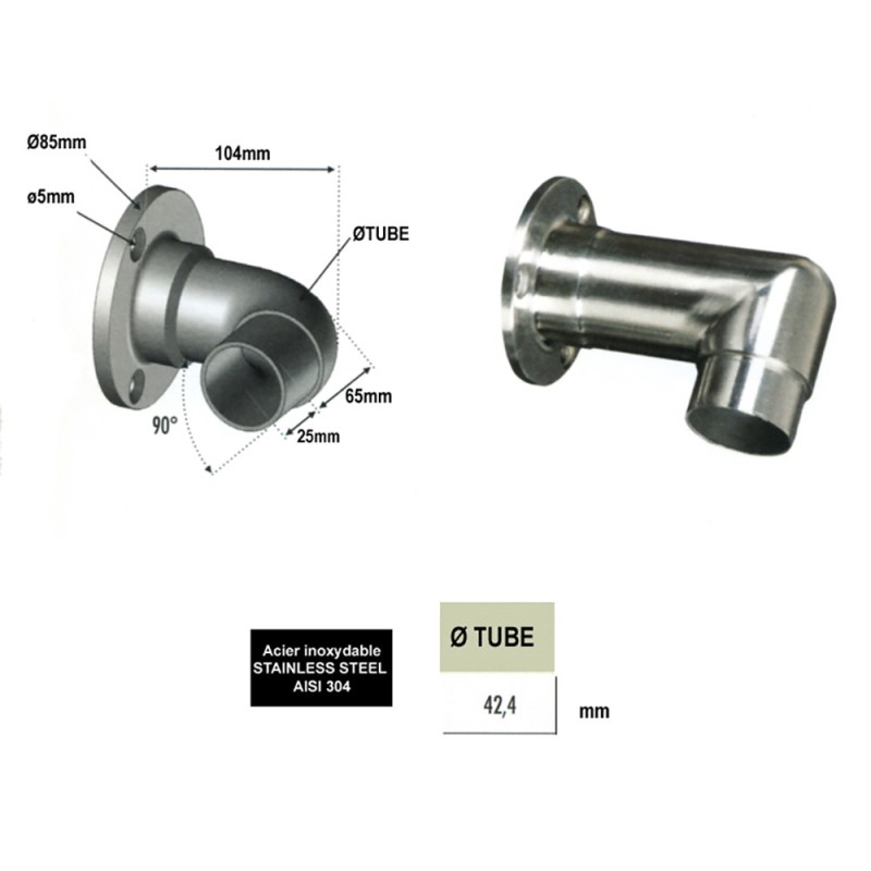 Connecteurs muraux coudés 90° pour tubes de mains courantes inox